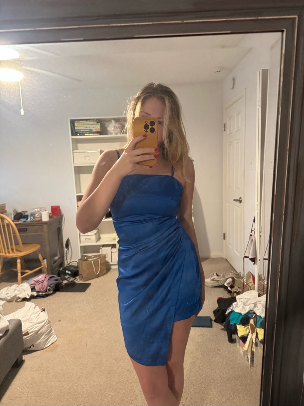 glam Royal Blue Satin Ruched Mini Dress